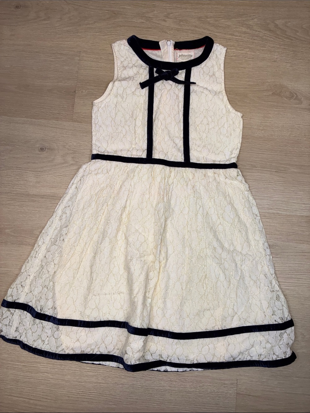 Johnnie B. Girls' Cream Lace Formal Dress with Navy Trim